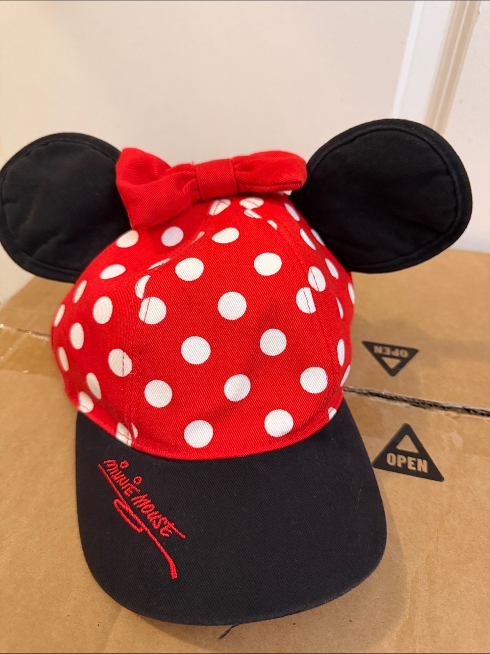 Disney Kids Red Polka Dot Minnie Hat with Black Ears and Bow from Disneyland.